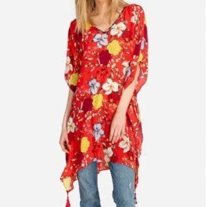 Johnny Was Jade Dress Women's Small Vega Tunic Red Kaftan Floral Silk Tassels L